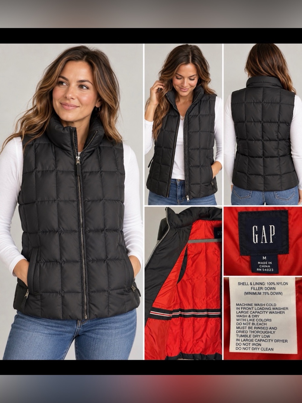 Vintage GAP Women’s Medium Black Down Puffer Vest Red Lining Y2K 2003